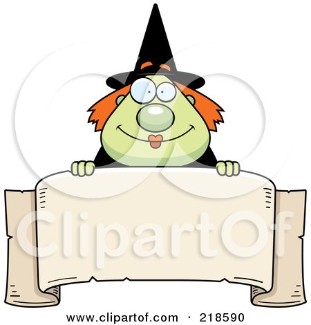 Royalty-Free (RF) Clipart Illustration of a Plump Green Witch Looking Over A Blank Banner by Cory Thoman