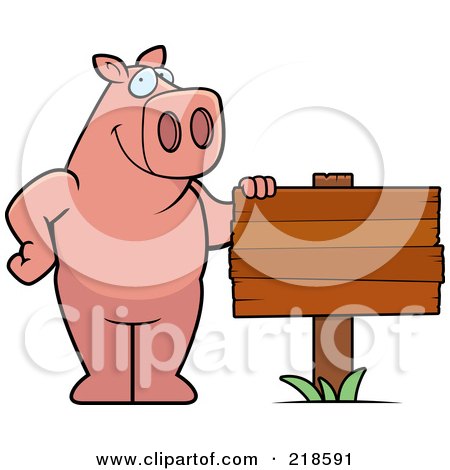 Royalty-Free (RF) Clipart Illustration of a Pig Standing Beside A Blank Wood Sign by Cory Thoman