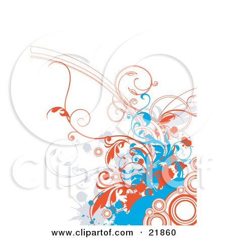 Clipart Picture Illustration of a White Background With Gray And Blue Splatters And Orange Vines And Circles by OnFocusMedia