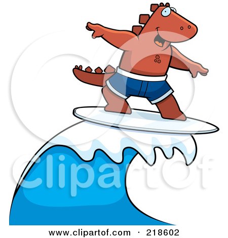 Royalty-Free (RF) Clipart Illustration of a Surfing Dinosaur Riding A Wave by Cory Thoman