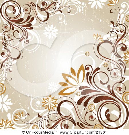 Clipart Picture Illustration of a Grunge Green Background With White, Orange And Brown Vines And Flowers by OnFocusMedia