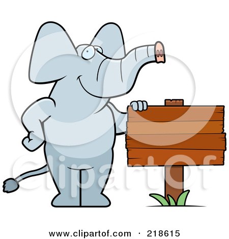 Royalty-Free (RF) Clipart Illustration of an Elephant Standing Beside A Blank Wood Sign by Cory Thoman