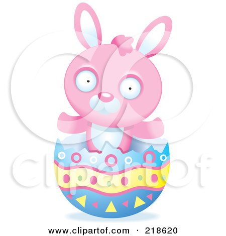 Royalty-Free (RF) Clipart Illustration of a Pink Rabbit In A Broken Easter Egg Shell by Cory Thoman