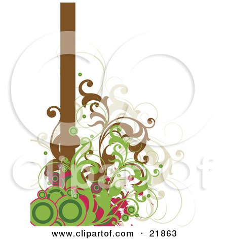 Clipart Picture Illustration of Green And Pink Circles With Brown Vines Growing At The Bottom Of A Vertical Brown Bar On A White Background by OnFocusMedia