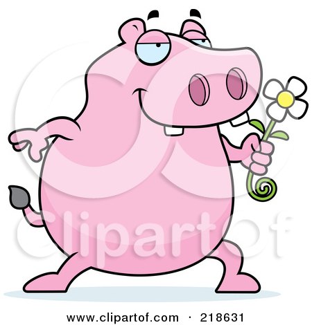 Royalty-Free (RF) Clipart Illustration of a Pink Hippo Presenting a Daisy by Cory Thoman