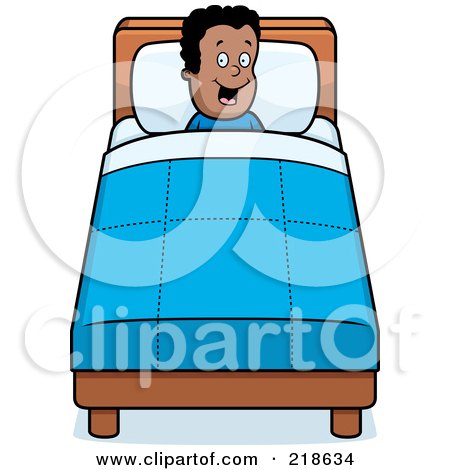 Royalty-Free (RF) Clipart Illustration of a Happy Black Boy Tucked Into Bed by Cory Thoman