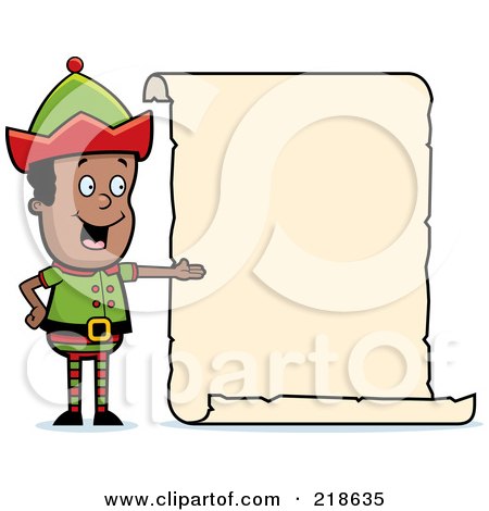 Royalty-Free (RF) Clipart Illustration of a Black Christmas Elf Boy Presenting A Blank Scroll Sign by Cory Thoman