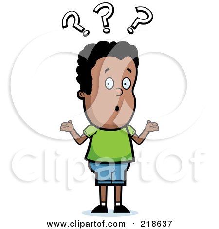 Royalty-Free (RF) Clipart Illustration of a Confused Black Boy Shrugging Under Question Marks by Cory Thoman