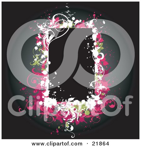 Clipart Picture Illustration of a Blank Black Text Box Bordered With White, Green And Pink Vines And Flowers Over A Dark Background by OnFocusMedia