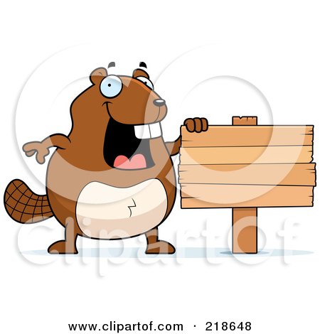 Royalty-Free (RF) Clipart Illustration of a Happy Beaver Standing Upright By A Wood Sign by Cory Thoman