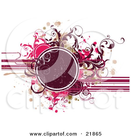 Clipart Picture Illustration of a Deep Red Circle Text Space With Red, Brown, Green, And Pink Splatters, And Vines Over A White Background by OnFocusMedia