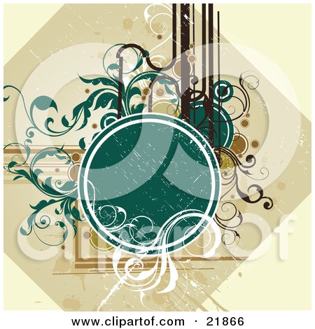 Clipart Picture Illustration of a Green Circle Text Space With Brown And White Circles, Vines And Lines Over A Tan Background by OnFocusMedia