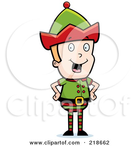 Royalty-Free (RF) Clipart Illustration of a Happy Blond Christmas Elf Boy Standing With His Hands On His Hips by Cory Thoman