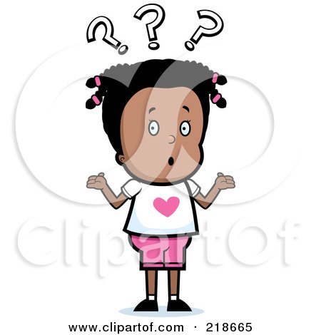Royalty-Free (RF) Clipart Illustration of a Confused Black Girl Shrugging Under Question Marks by Cory Thoman