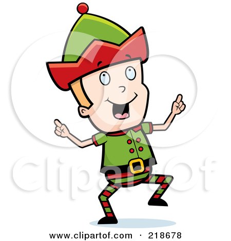 Royalty-Free (RF) Clipart Illustration of a Blond Christmas Elf Boy Doing A Happy Dance by Cory Thoman