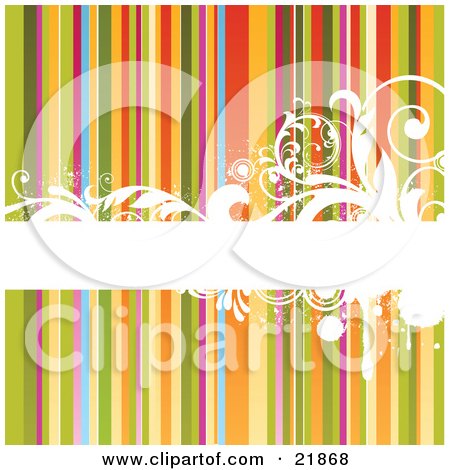 Clipart Picture Illustration of a Horizontal Blank White Bar With Elegant Scrolls And Vines Over A Rainbow Striped Background by OnFocusMedia