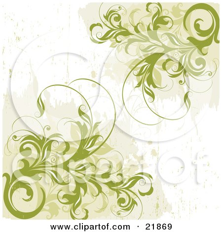 Clipart Picture Illustration of Lush, Curly, Leafy Vines In Corners Over A Grunge White Background by OnFocusMedia
