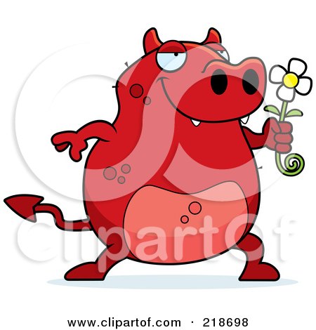 Royalty-Free (RF) Clipart Illustration of a Romantic Devil Presenting A Daisy For His Love by Cory Thoman