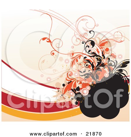 Clipart Picture Illustration of Orange, Black And White Circles And Vines Attacked To A Black Area Over Red, White And Orange Waves On A Tan Background by OnFocusMedia