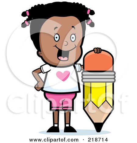 Royalty-Free (RF) Clipart Illustration of a Happy Black Girl With A Big Pencil by Cory Thoman
