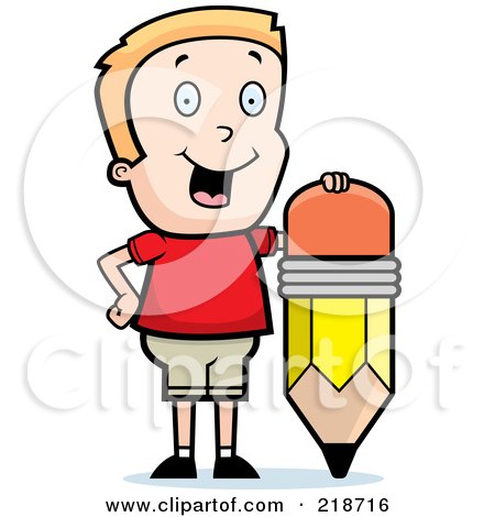 Royalty-Free (RF) Clipart Illustration of a Happy Blond Boy Standing By A Pencil by Cory Thoman