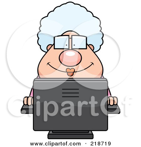Royalty-Free (RF) Clipart Illustration of a Plump Granny Using A Desktop Computer by Cory Thoman