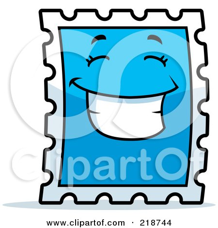 Royalty-Free (RF) Clipart Illustration of a Happy Blue Postage Stamp Character Smiling by Cory Thoman