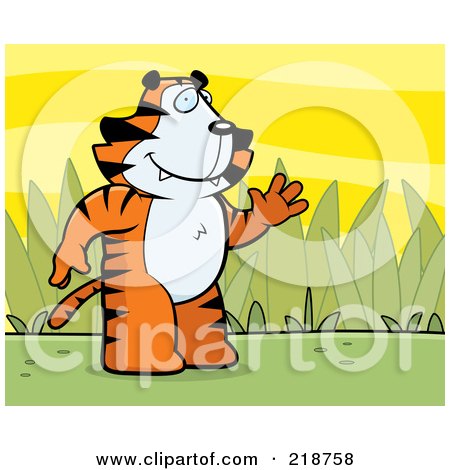 Royalty-Free (RF) Clipart Illustration of a Friendly Tiger Standing And Waving, On A Grassy Background by Cory Thoman