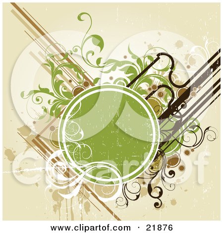 Clipart Picture Illustration of a Worn Circle Text Space With White, Green And Brown Vines, Scrolls, Splatters And Circles Over A Tan Background by OnFocusMedia