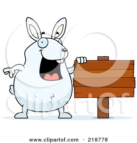Royalty-Free (RF) Clipart Illustration of a Plump White Rabbit Standing By A Blank Wood Sign by Cory Thoman