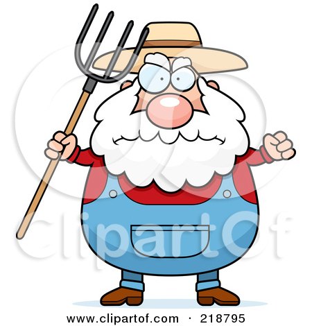 Royalty-Free (RF) Clipart Illustration of a Plump Farmer Waving A Pitchfork In Anger by Cory Thoman