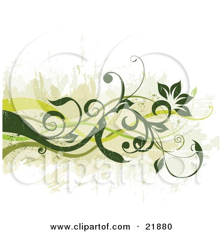 Clipart Picture Illustration of Green Curly Vines With Flowers Over A Grunge White Background by OnFocusMedia