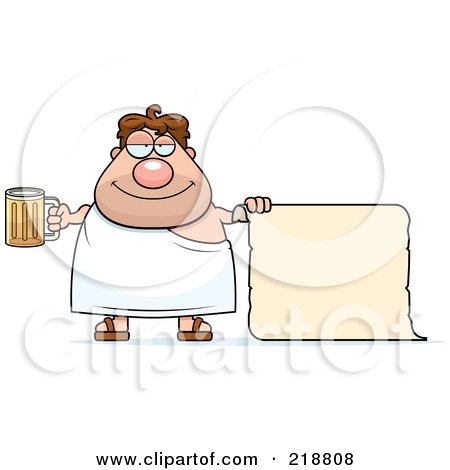 Royalty-Free (RF) Clipart Illustration of a Plump Frat Man Holding Beer And A Blank Scroll by Cory Thoman