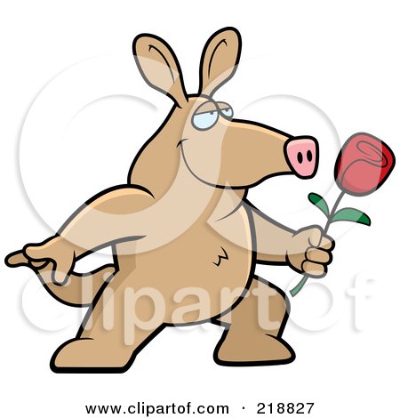 Royalty-Free (RF) Clipart Illustration of a Romantic Aardvark Presenting A Red Rose For His Love by Cory Thoman