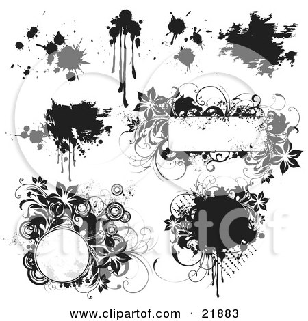 Clipart Picture Illustration of a Collection Of Black And White Paint Splatters, Grunge Smears And Floral Frames On A White Background by OnFocusMedia