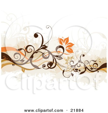 Clipart Picture Illustration of a Floral Background Of Orange Flowers Blooming On Green And Brown Vines Over White by OnFocusMedia