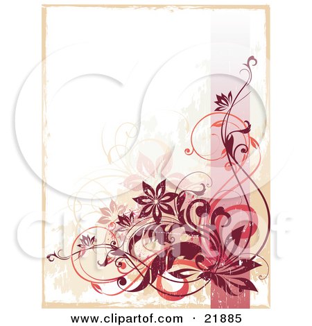 Clipart Picture Illustration of a Red Curly Vine With Flowers Over A Pink Line And Grunge Background With A Tan Border by OnFocusMedia