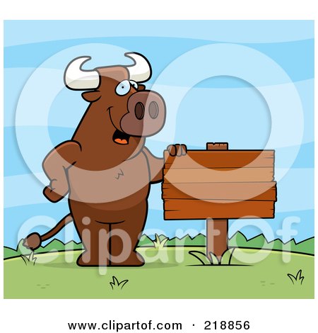 Royalty-Free (RF) Clipart Illustration of a Bull Standing Upright Beside A Blank Sign Outdoors by Cory Thoman