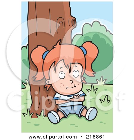 Royalty-Free (RF) Clipart Illustration of a Red Haired Girl Sitting Against A Tree With Her Arms Crossed by Cory Thoman