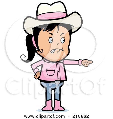 Royalty-Free (RF) Clipart Illustration of a Mad Black Haired Cowgirl Angrily Pointing by Cory Thoman