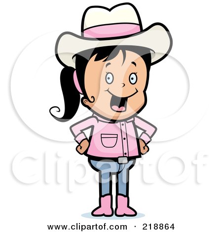 Royalty-Free (RF) Clipart Illustration of a Happy Black Haired Cowgirl With Her Hands On Her Hips by Cory Thoman