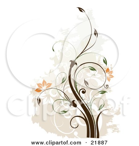 Clipart Picture Illustration of a Green And Brown Vine Plant With Scrolls And Orange Blossoms Over A Faded Brown And White Background by OnFocusMedia