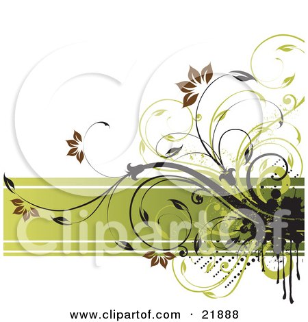Clipart Picture Illustration of Brown Flowering Green And Black Vines With Grunge Paint Splatters Over A Horizontal Green Band On A White Background by OnFocusMedia
