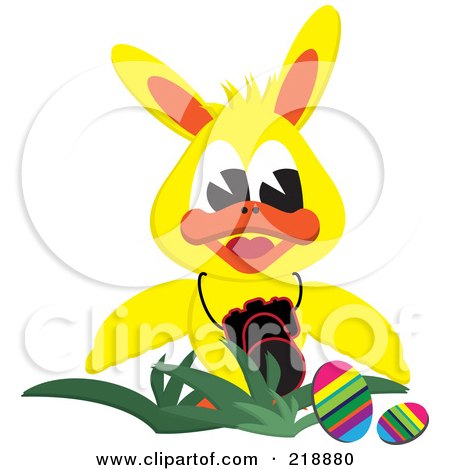 Royalty-Free (RF) Clipart Illustration of a Yellow Duck Wearing Bunny Ears By Easter Eggs, With A Camera by kaycee