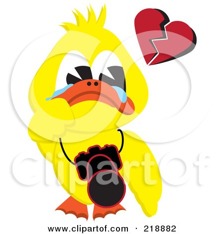 Royalty-Free (RF) Clipart Illustration of a Yellow Duck Crying, With A Broken Heart And A Camera Around His Neck by kaycee