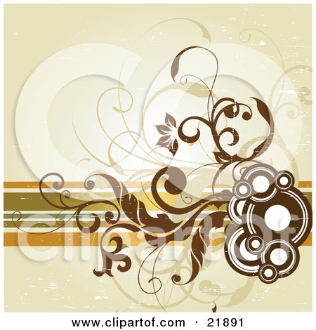 Clipart Picture Illustration of Brown Circles, Vines And Flowers Over Lines On A Green Background by OnFocusMedia