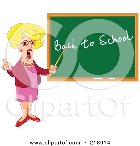 Royalty-Free (RF) Clipart Illustration of a Blond Female Teacher Pointing At Back To School On A Chalk Board by yayayoyo