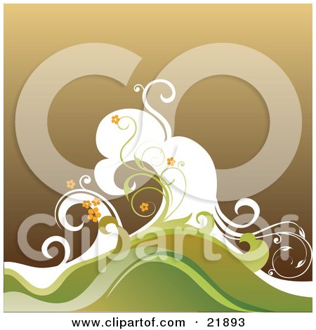 Clipart Picture Illustration of Orange Flowers On Green Vines And White, Brown And Green Waves Over Brown by OnFocusMedia
