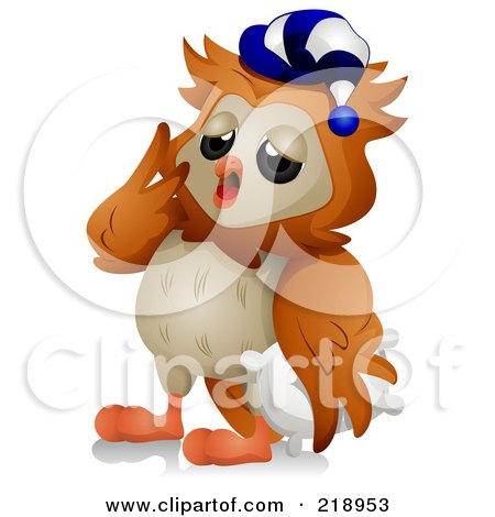 Royalty-Free (RF) Clipart Illustration of a Cute Owl Yawning And Wearing A Night Hat by BNP Design Studio