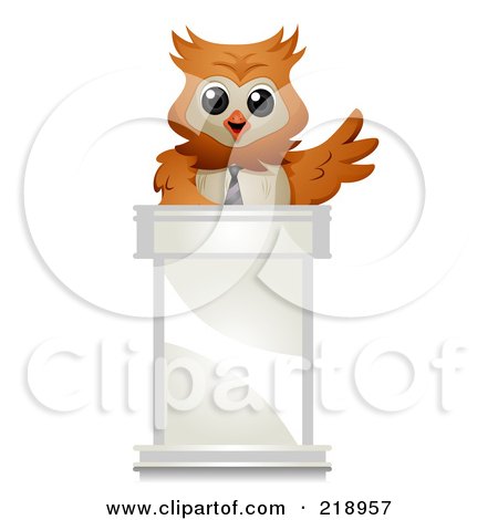 Royalty-Free (RF) Clipart Illustration of a Cute Owl Businessman Speaking At A Podium by BNP Design Studio
